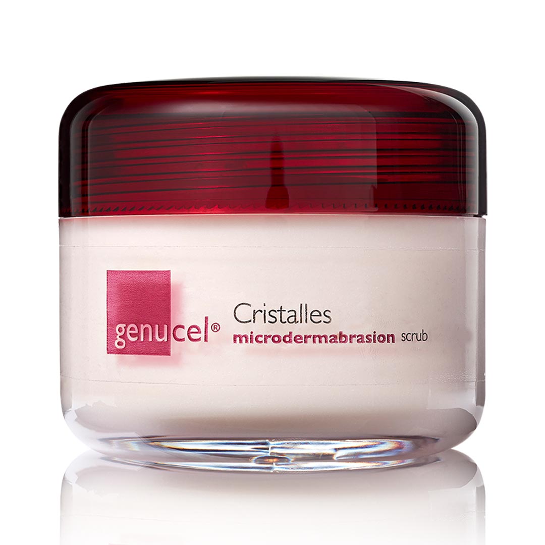 Genucel Cristalles microdermabrasion scrub in red-lidded jar.