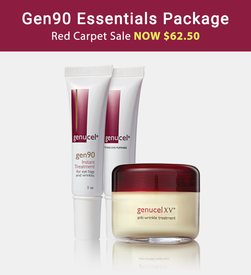 Genucel skincare products with a red carpet sale banner on a white background