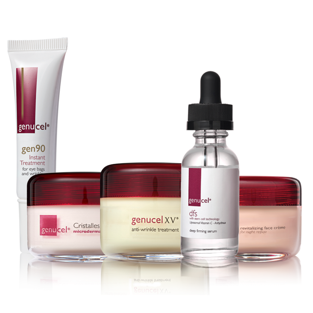 Genucel skincare products including a tube, jars, and a dropper bottle on a white background