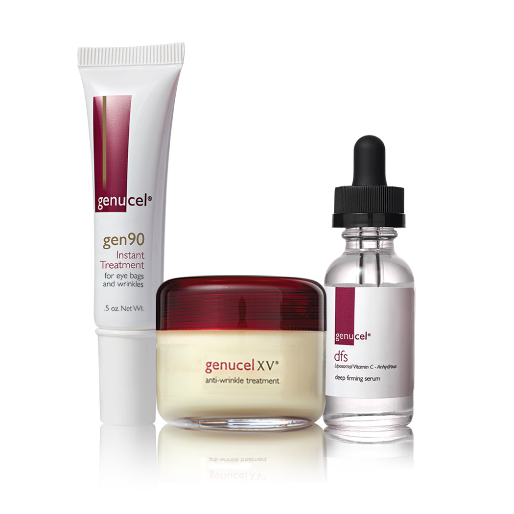Genucel skincare products including a tube, jar, and dropper bottle on a white background