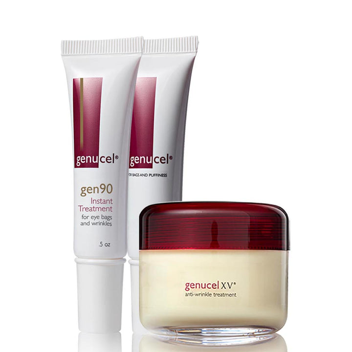 A collection of skincare products from Genucel Skin Care. The set includes the Essentials paclage, which includes one tube of gen90 instant treatment, one tube of genucel for under eye bags, and a jar of genucel XV anti-wrinkle treatment.