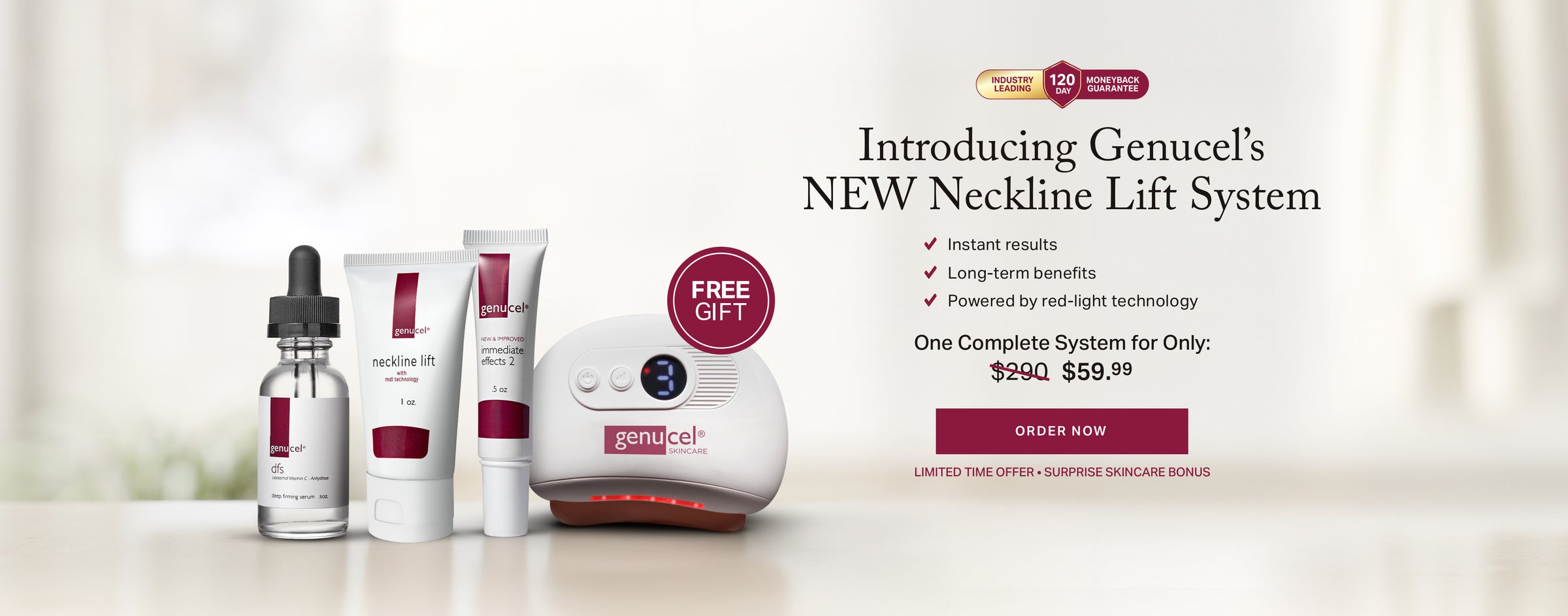 Genucel's NEW Neckline Lift System with products and pricing on a light background