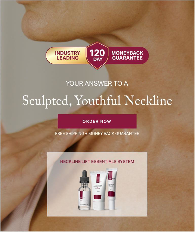 Advertisement for a neck lifting product with text and images of skincare products.