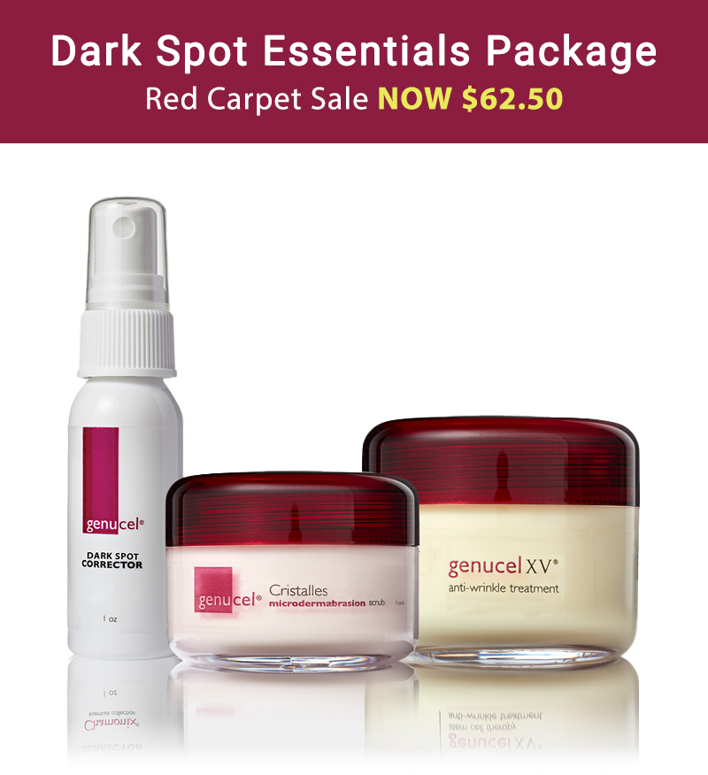 Image of the Genucel Dark Spot Essentials Package, featuring three skincare products: Genucel Dark Spot Corrector spray (1 oz), Genucel Cristalles Microdermabrasion Scrub (1 oz), and Genucel XV anti-wrinkle treatment in a cream jar. Promotional text above reads: 'Dark Spot Essentials Package. Red Carpet Sale NOW $62.50' in white and yellow font on a burgundy background.