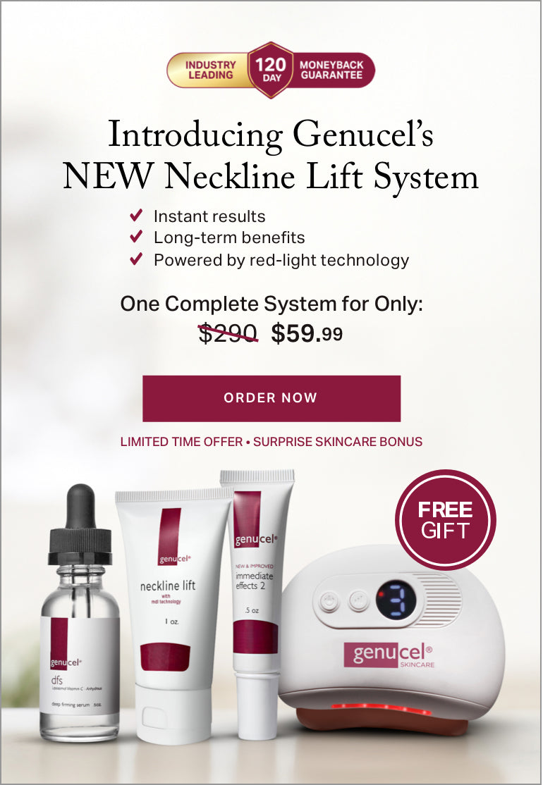Advertisement for Genucel's NEW Neckline Lift System with product packaging and text on a white background.