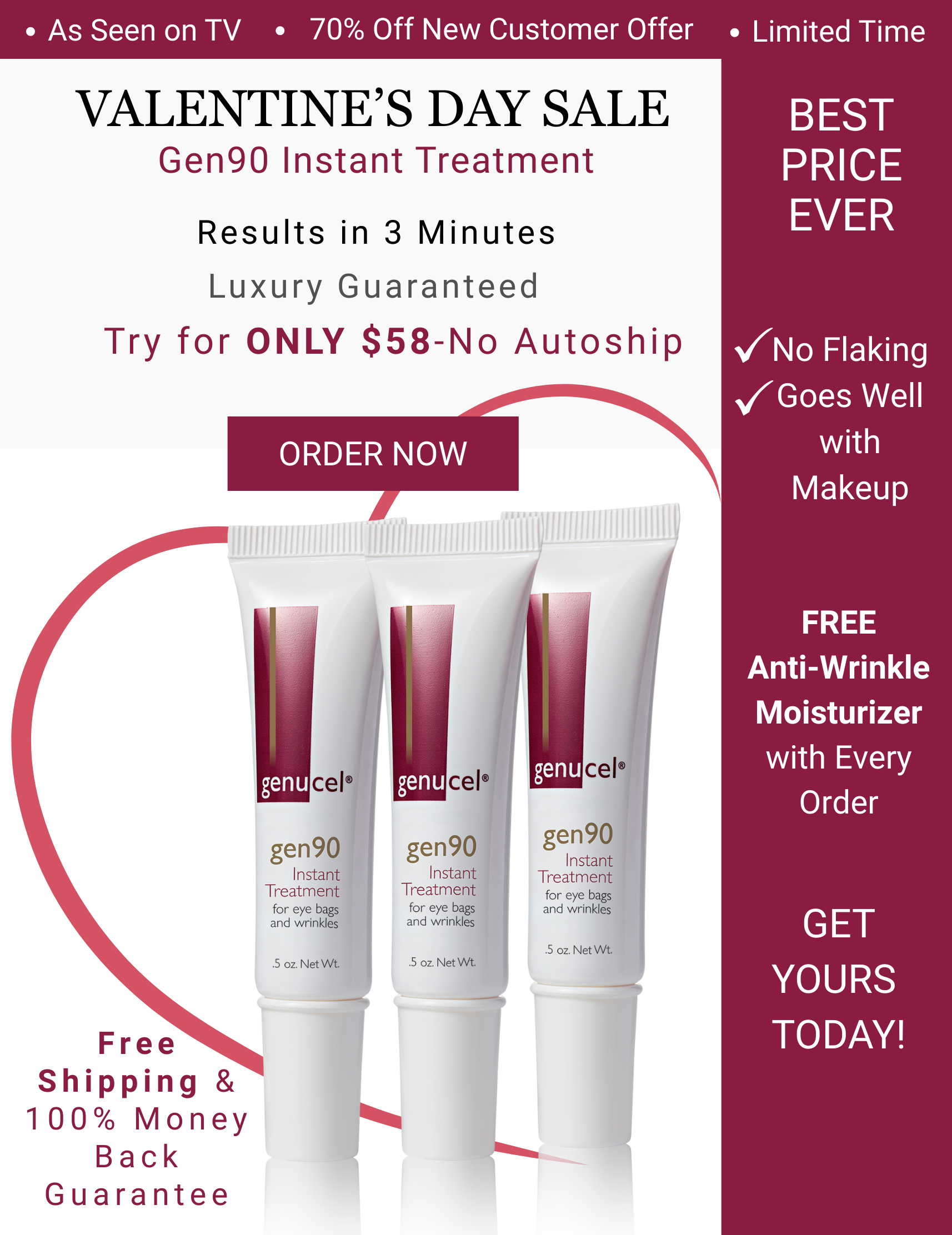 Advertisement for Gen90 Instant Treatment with product packaging and promotional text on a white and red background.
