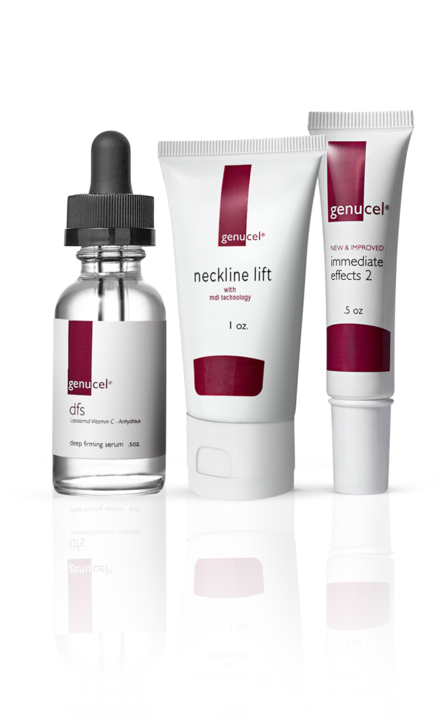 Genucel skincare products including a dropper bottle and two tubes on a white background