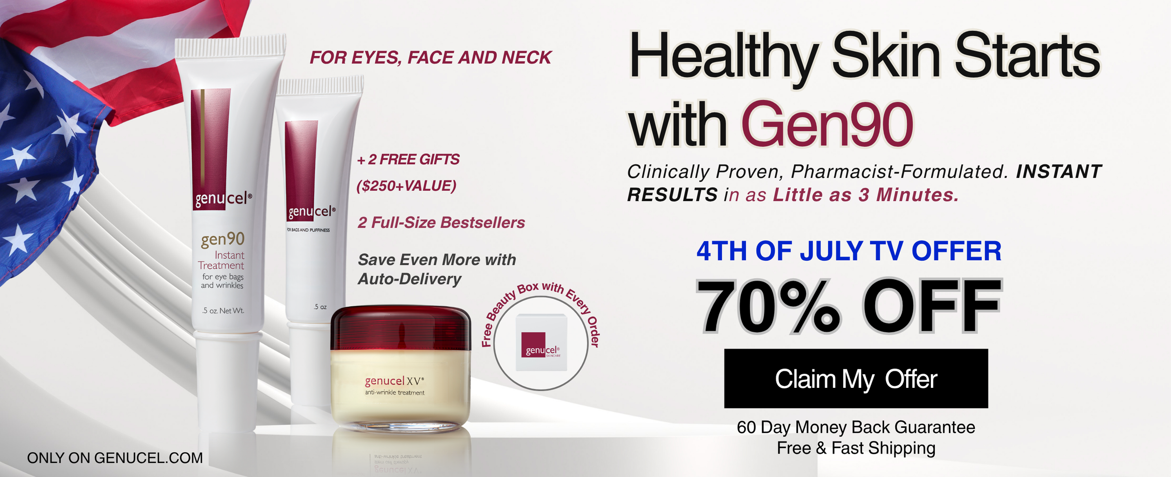 Advertisement for Gen90 skincare products with a 4th of July TV offer on a white background.
