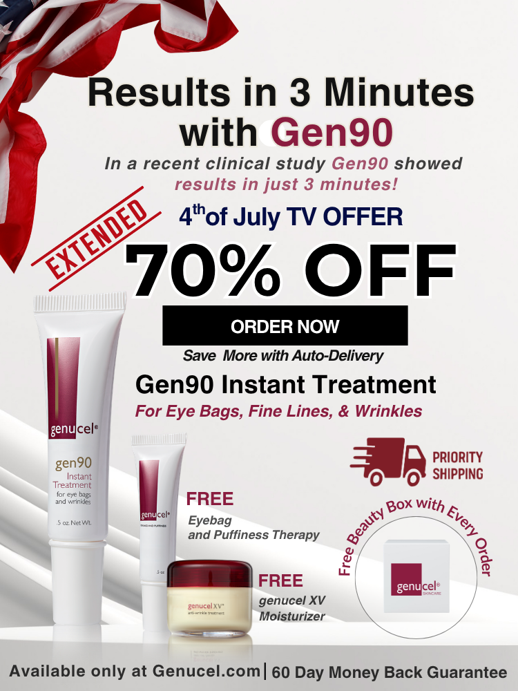 Promotional banner for Gen90 Instant Treatment eye and skin care products, featuring a white tube, a small jar, and a box on a white background with red and black text offering a 70% off extended July 4th TV offer.