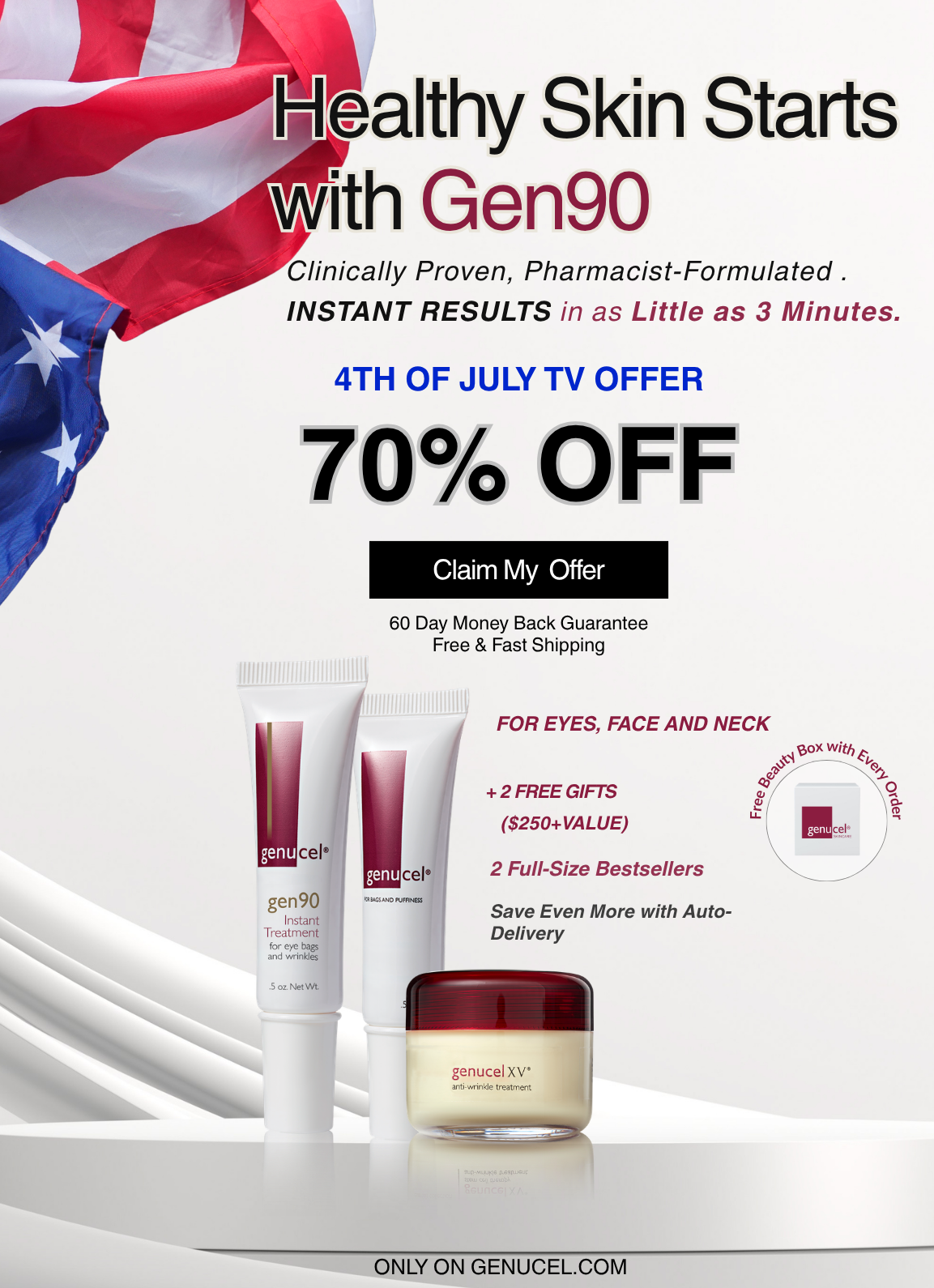 Advertisement for Gen90 skincare products with a 4th of July promotion on a white background.