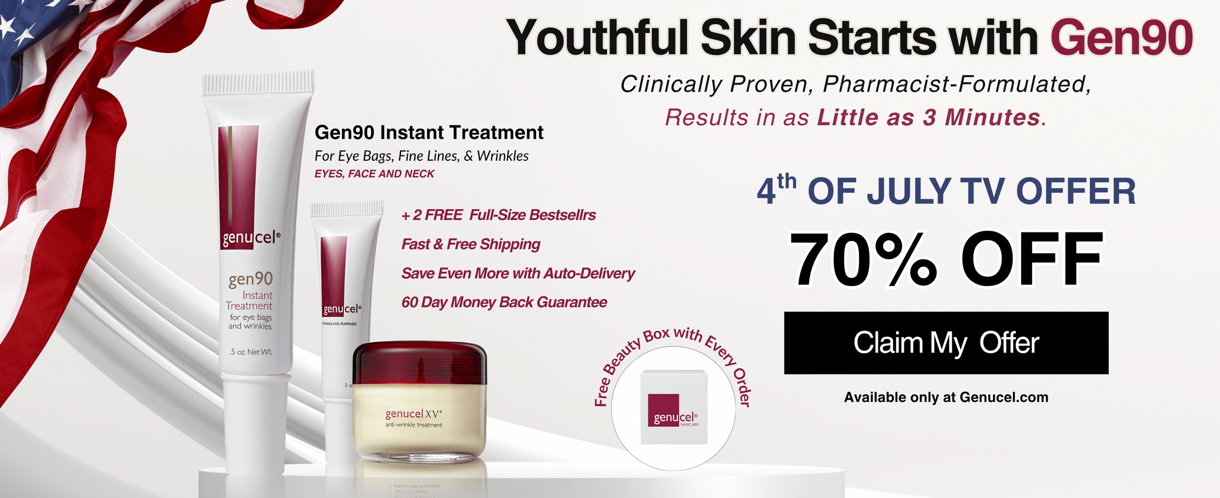 Promotional banner for a skincare treatment with a 70% off offer and American flag background.