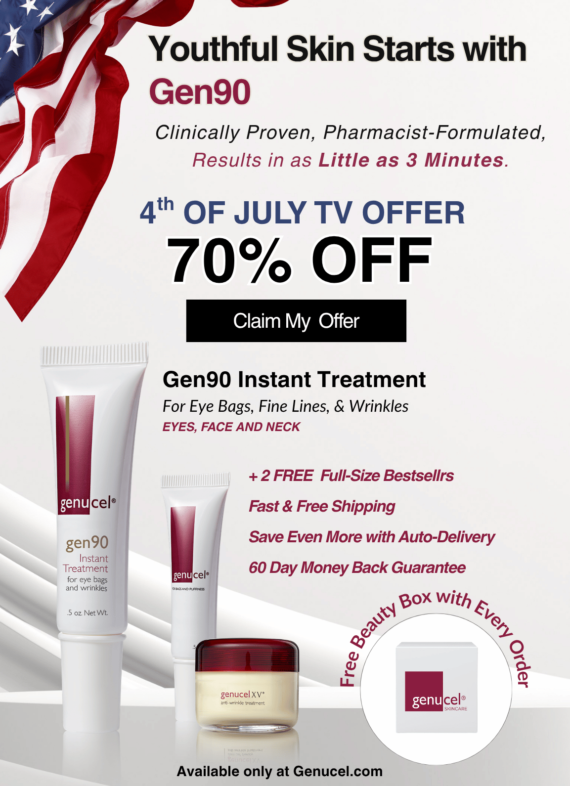 Advertisement for Gen90 skincare products with a 4th of July TV offer on a white background.