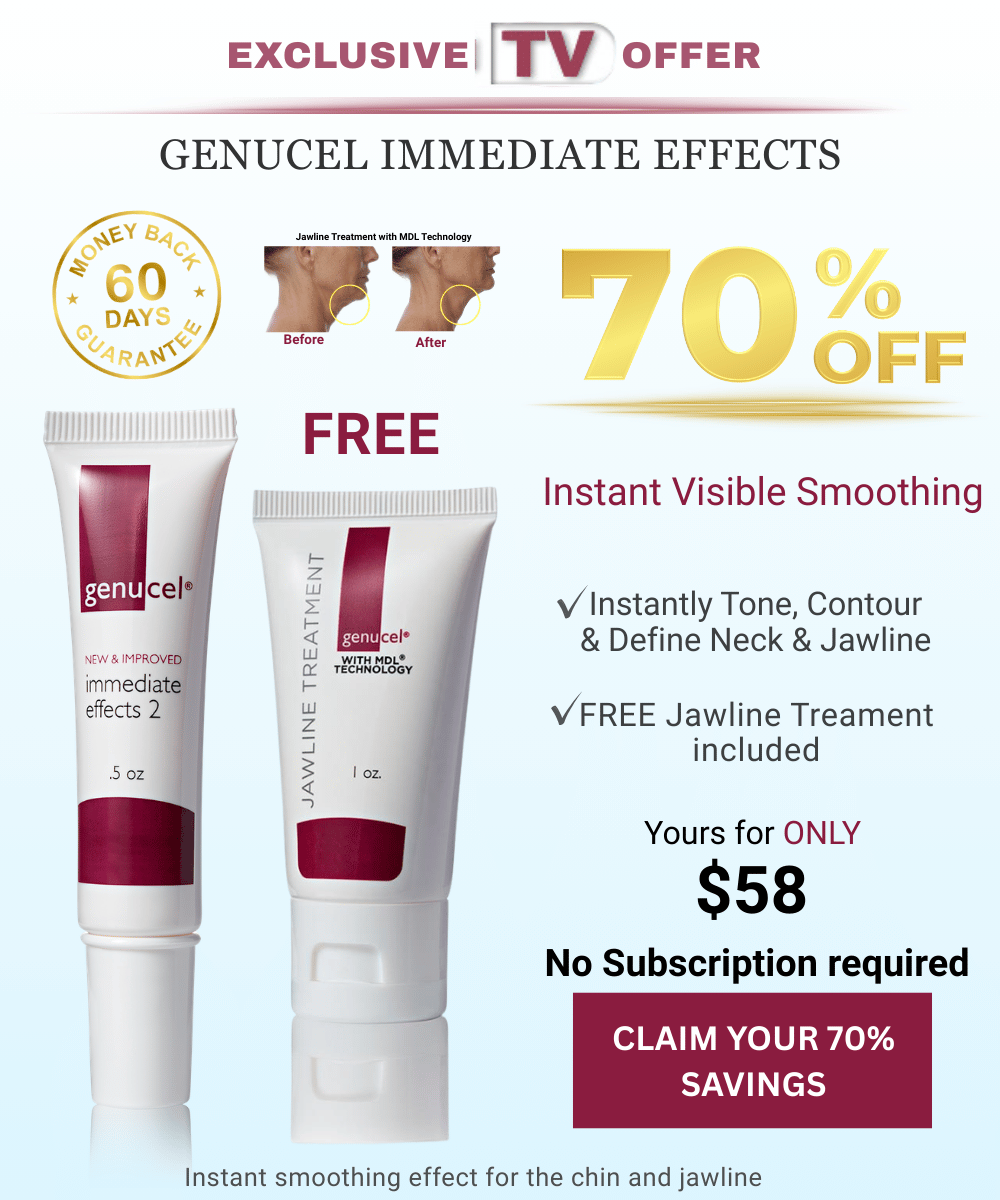 Advertisement for Genucel skincare product with promotional text and images of the product.
