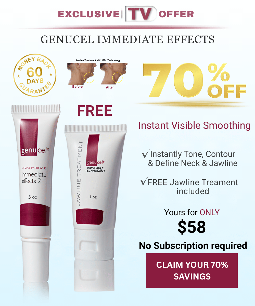 Genucel skincare product advertisement with 70% off offer on a white background
