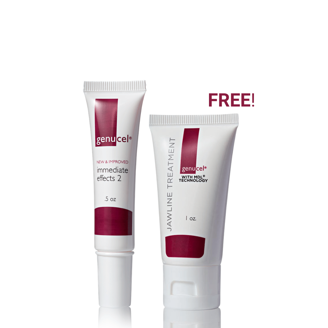 Two Genucel skincare products on a white background with 'FREE!' text.