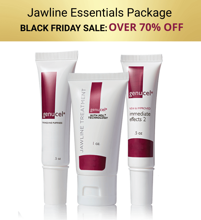 Three Genucel jawline treatment products with a Black Friday sale banner above them.