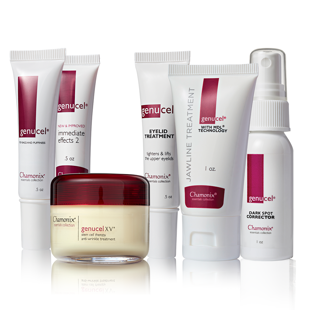 A collection of skincare products from Genucel Skin Care. The set includes the Complete Skincare Package, which includes two tubes of genucel immediate effects 2, a jar of genucel XV anti-wrinkle treatment, a tube of genucel eyelid treatment, a tube of genucel jawline treatment, and a bottle of Dark Spot Corrector to visibly lighten skin discoloration.