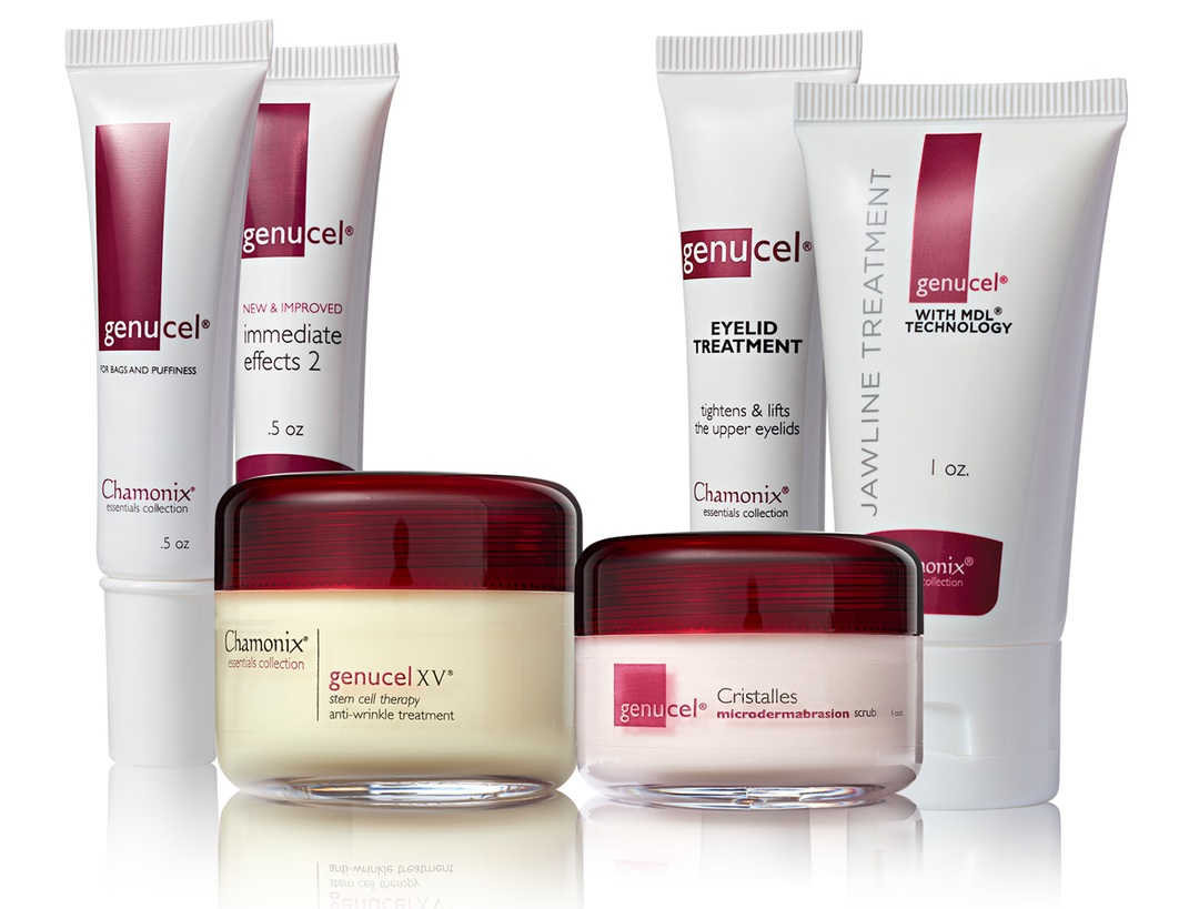 A collection of skincare products from Genucel Skin Care. The set includes the Complete Skincare Package, which includes two tubes of genucel immediate effects 2, a jar of genucel XV anti-wrinkle treatment, a tube of genucel eyelid treatment, a jar of Cristalles microdermabrasion scrub, and a tube of Jawline Treatment with MDL technology for visibly younger skin.