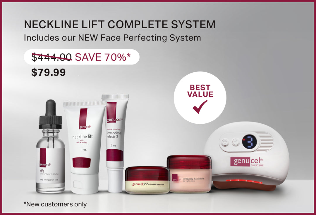 Genucel skincare products including a bottle, tubes, and device with promotional text on a gray background.