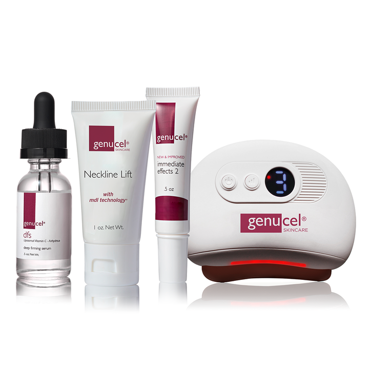 Genucel skincare products including a serum, cream, and device on a white background