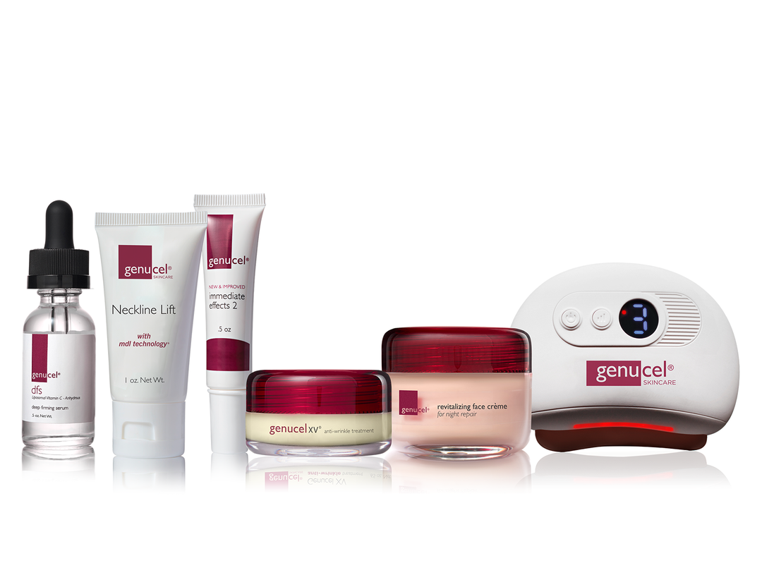 Genucel skincare products including bottles, jars, and a device on a white background