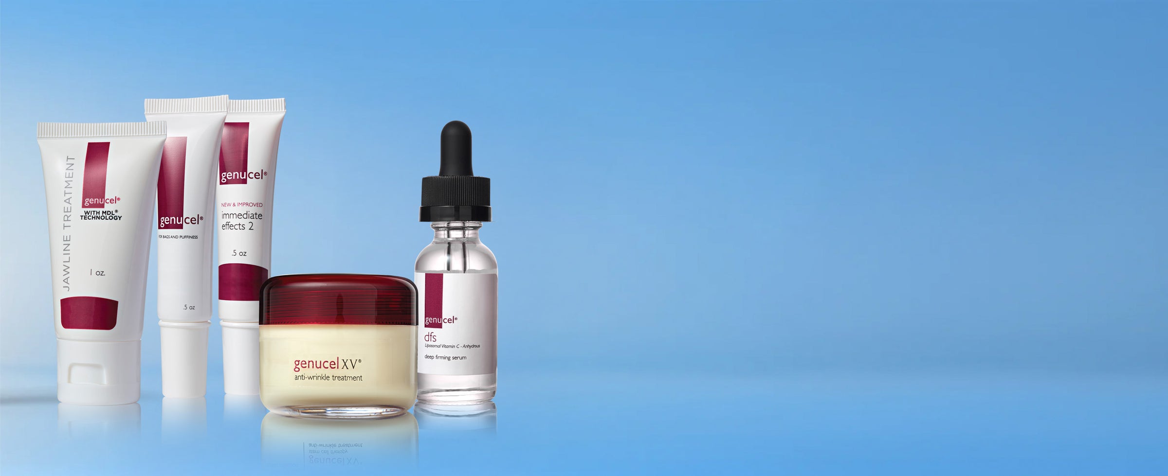 Cosmetic products including tubes, a jar, and a dropper bottle on a blue background