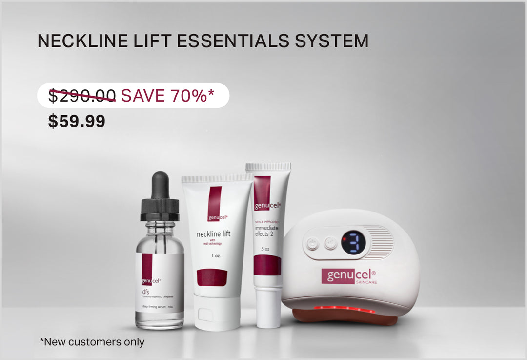 Genucel neck lift essentials system with products and device on a gray background