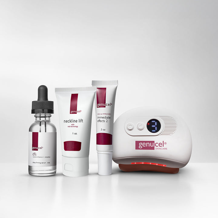 Genucel skincare products including a dropper, cream, and device on a white background