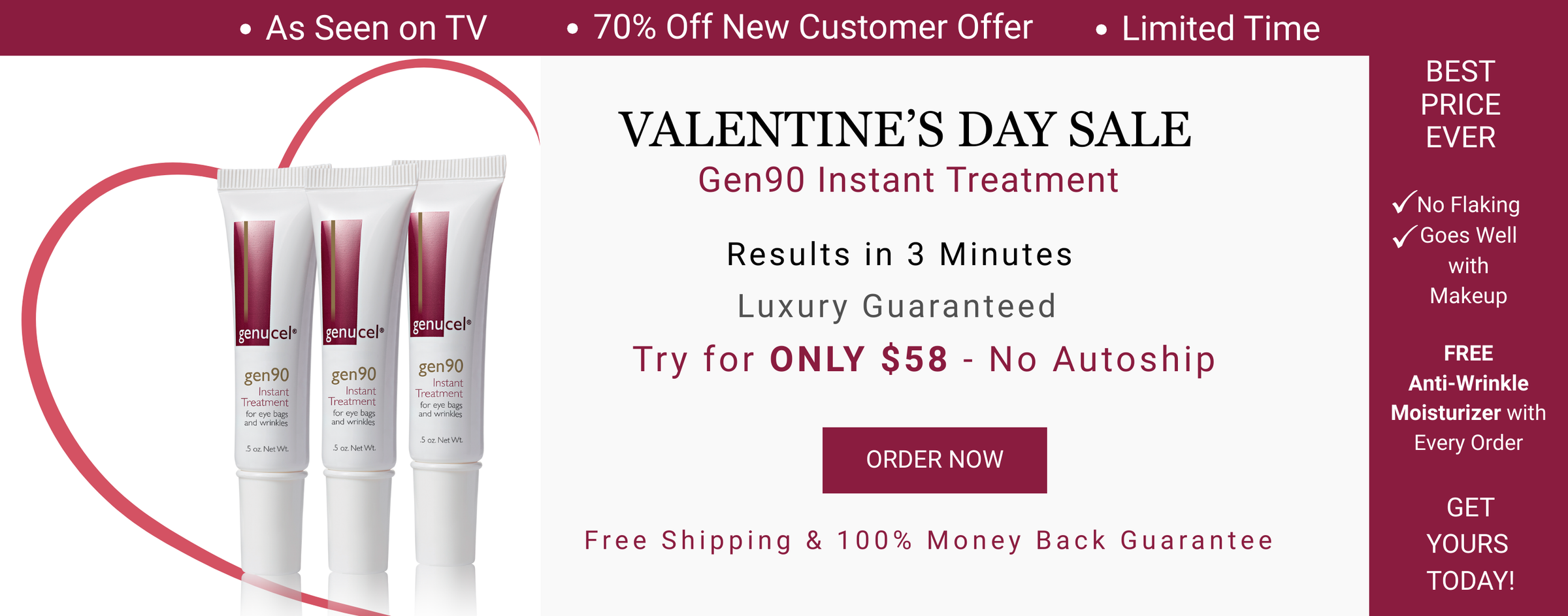 Advertisement for a Valentine's Day sale on a skincare product with three bottles shown.