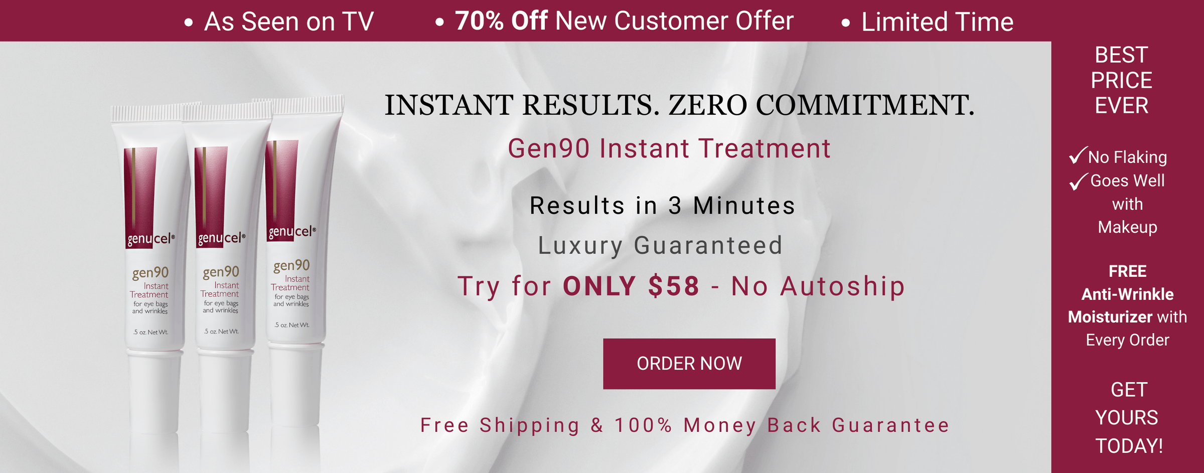 Advertisement for Gen90 Instant Treatment with product packaging and promotional text on a white background.