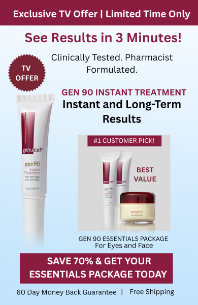 Advertisement for gen 90 instant treatment with product packaging and promotional text on a light blue background.