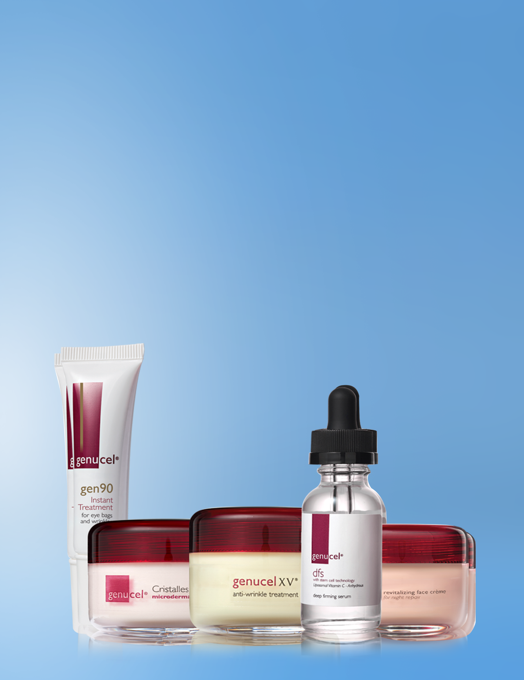 Collection of skincare products with 'genucel' branding on a blue background
