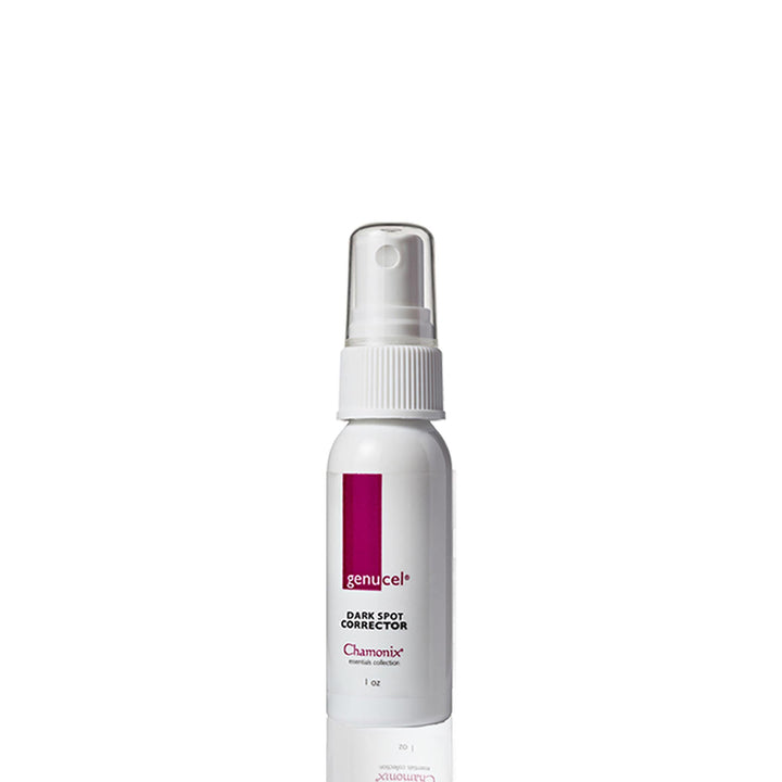 A white bottle labeled "Most Popular Package" by Genucel Skin Care sits against a plain background. The cylinder-shaped bottle features a magenta vertical stripe and has a spray nozzle with a clear protective cap. Perfect for any Spa Box, this 1 oz product also offers anti-wrinkle benefits.