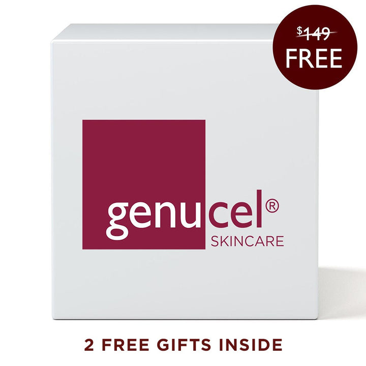 A white box with the “Genucel Skin Care” logo in burgundy. A burgundy circle in the upper-right corner states “$149 FREE”. The text below the box reads “2 FREE GIFTS INSIDE” in red.