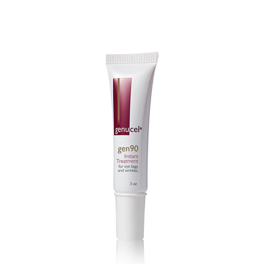A white plastic tube labeled "Most Popular Package Genucel Skin Care Instant Anti-Wrinkle Treatment for eye bags and wrinkles, .5 oz." The tube has a white screw cap and a maroon-colored design towards the top.
