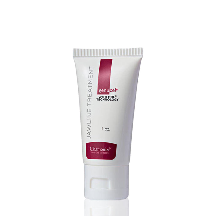 A 1 oz white tube labeled "Most Popular Package" by Genucel Skin Care, featuring "Genucel with MDL Technology." The sleek, minimalist packaging includes a maroon stripe on the left and maroon text, making it suitable for skincare products. This anti-wrinkle treatment could be an essential addition to any spa box.