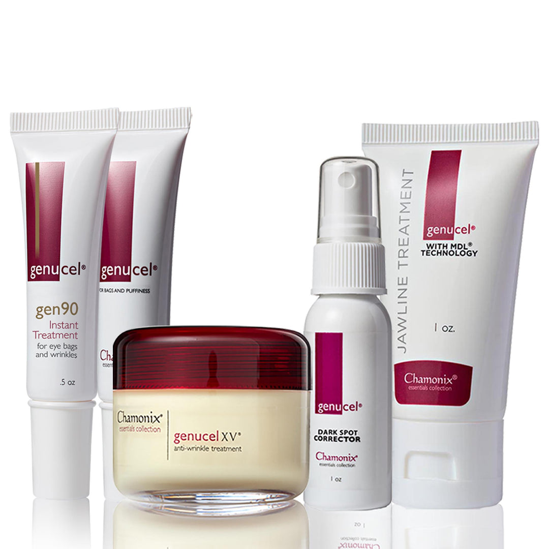 A collection of skincare products from Genucel Skin Care. The set includes the Most Popular Package, which includes two tubes of gen90 Instant Treatment, a jar of genucel XV anti-wrinkle treatment, a spray bottle of Dark Spot Corrector, and a tube of Jawline Treatment with MDL technology for visibly younger skin.