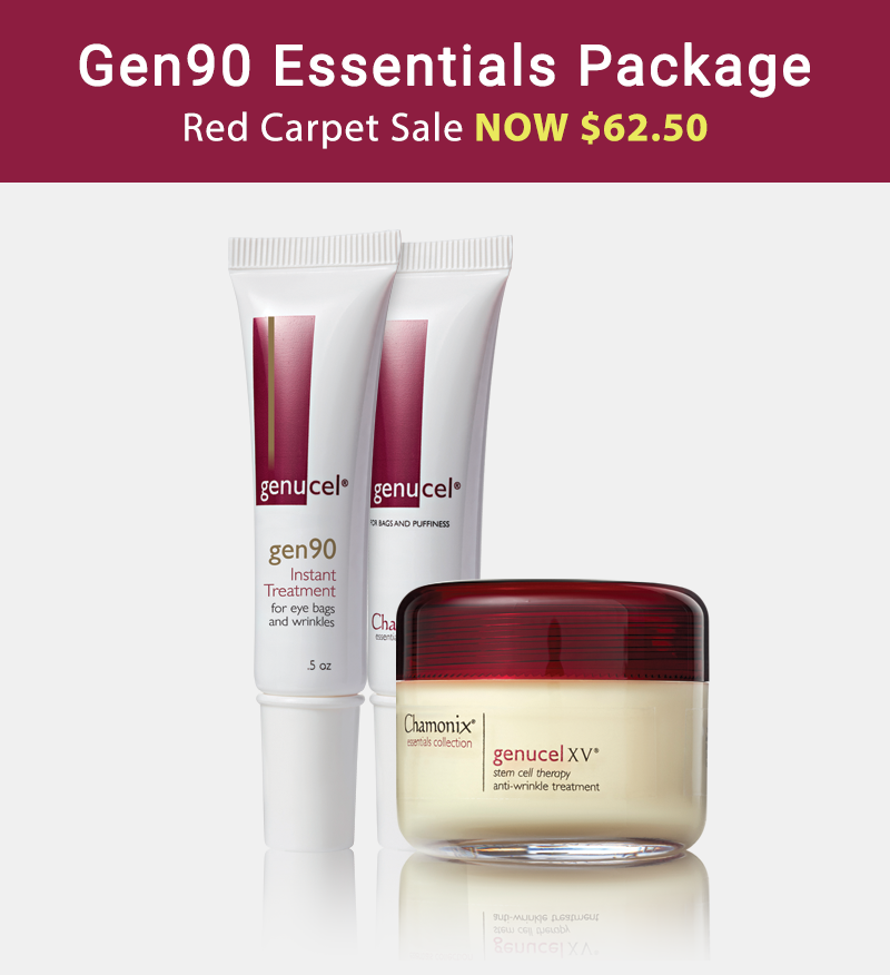 Image featuring Gen90 Essentials Package promoting a Red Carpet Sale that has a final price of $62.50 with subscription enrollment.  Package includes gen90 instant treatment for eye bags and puffiness, genucel serum for undereye bags and puffiness, and genucel x v anti wrinkle treatment