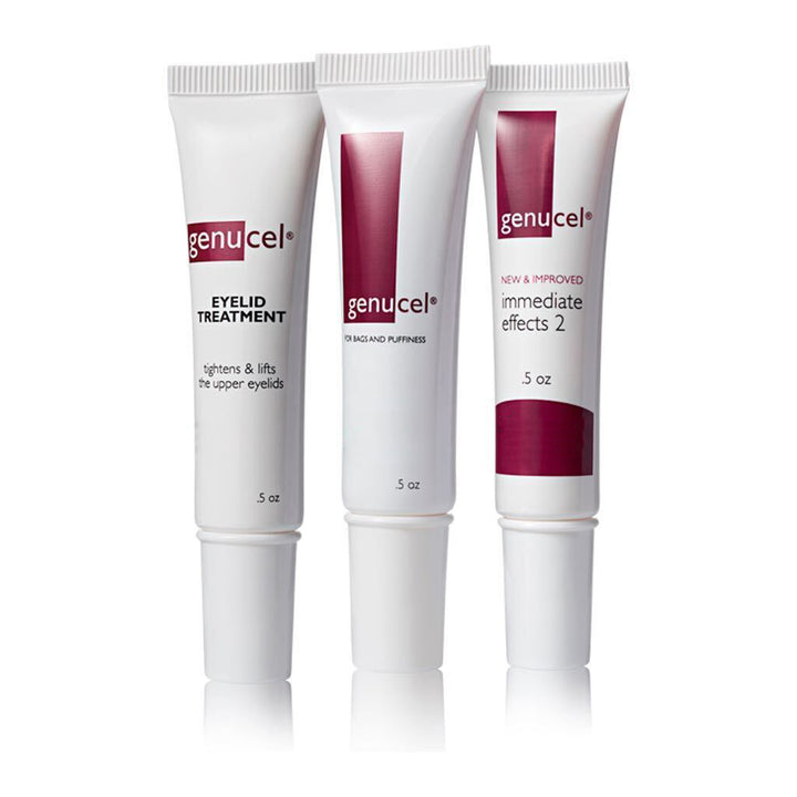 A collection of skincare products from Genucel Skin Care. The set includes the Essentials paclage, which includes one tube of genucal immediate effects 2, one tube of genucel for under eye bags, and one tube of genucel eyelid treatment to tight and lift the upper eyelid.