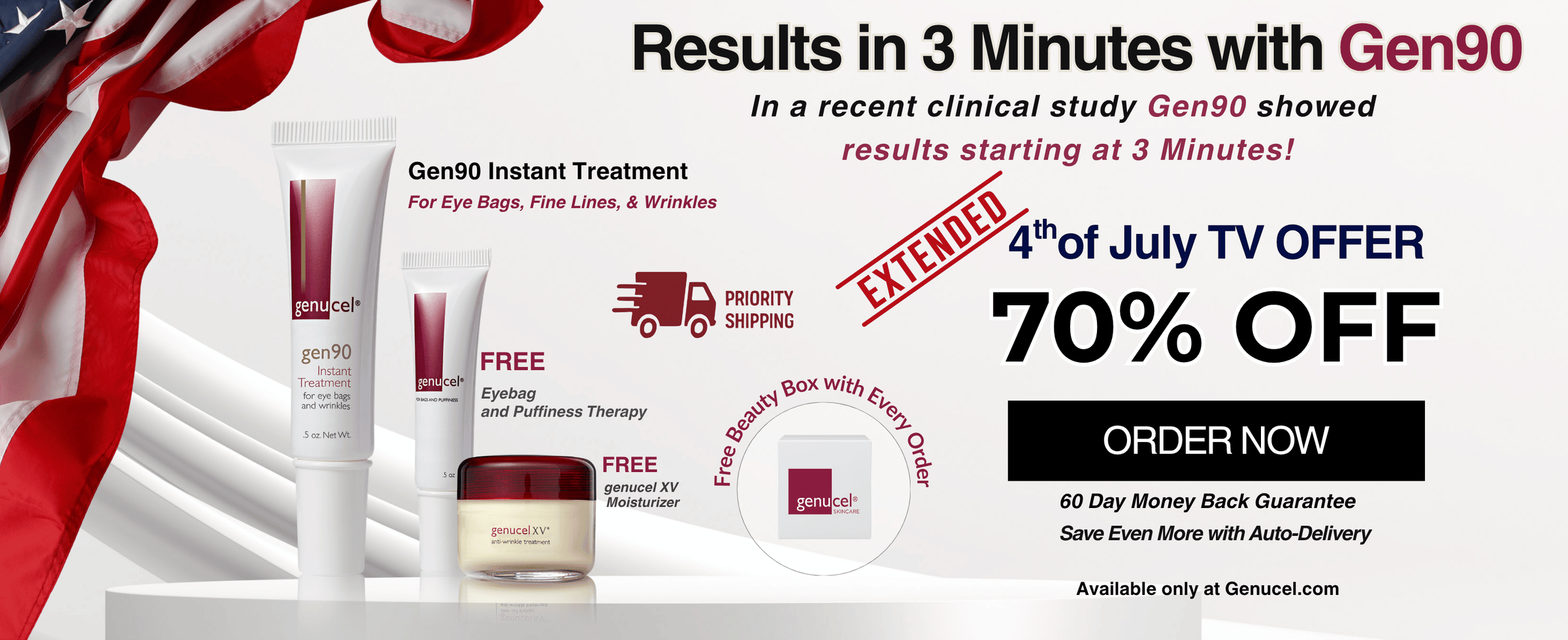 Promotional banner for Gen90 eye treatment products, featuring a tube, a jar, and a small bottle on a white background with an American flag graphic on the left. Large text advertises instant treatment results, a 4th of July TV offer, 70% off, and an extended shipping offer.