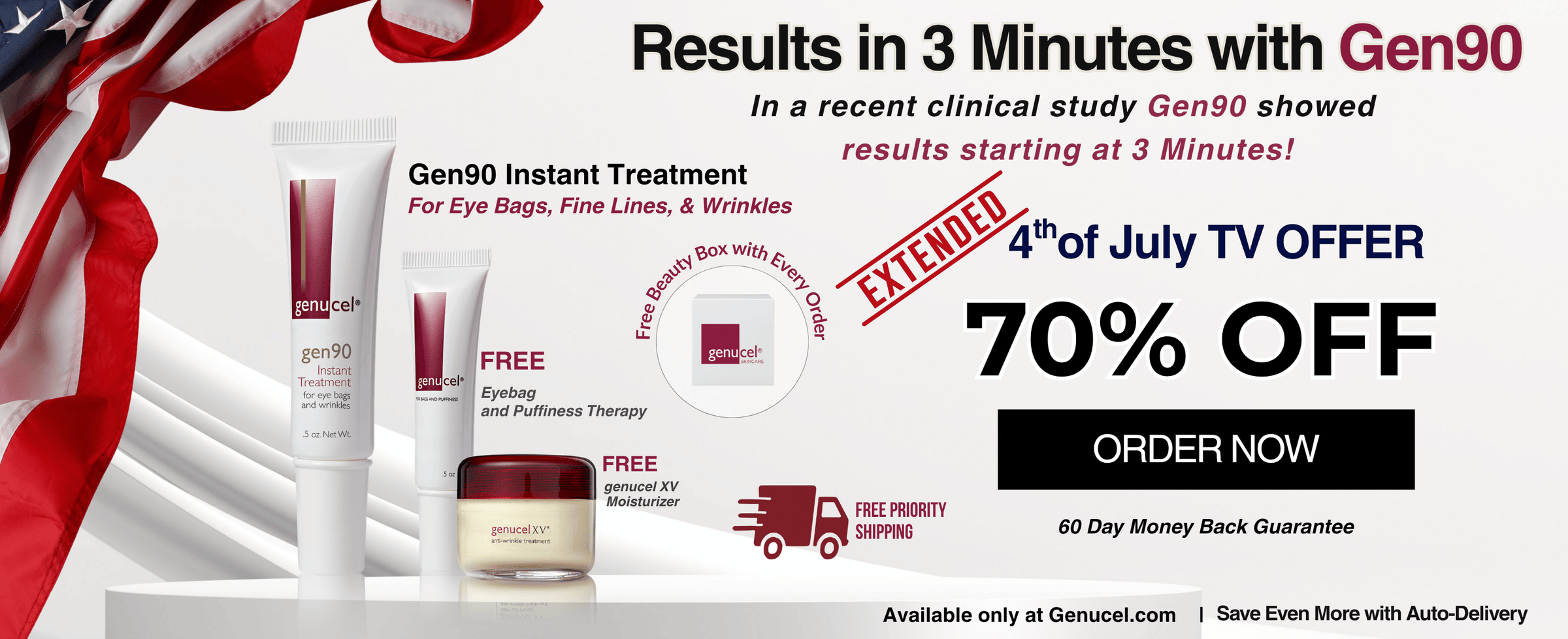 Promotional banner for Gen90 eye treatment products, showing a white tube, a small jar, and a round box on a white background with an American flag graphic. Large text advertises 'Results in 3 Minutes with Gen90,' '70% OFF,' and 'ORDER NOW.