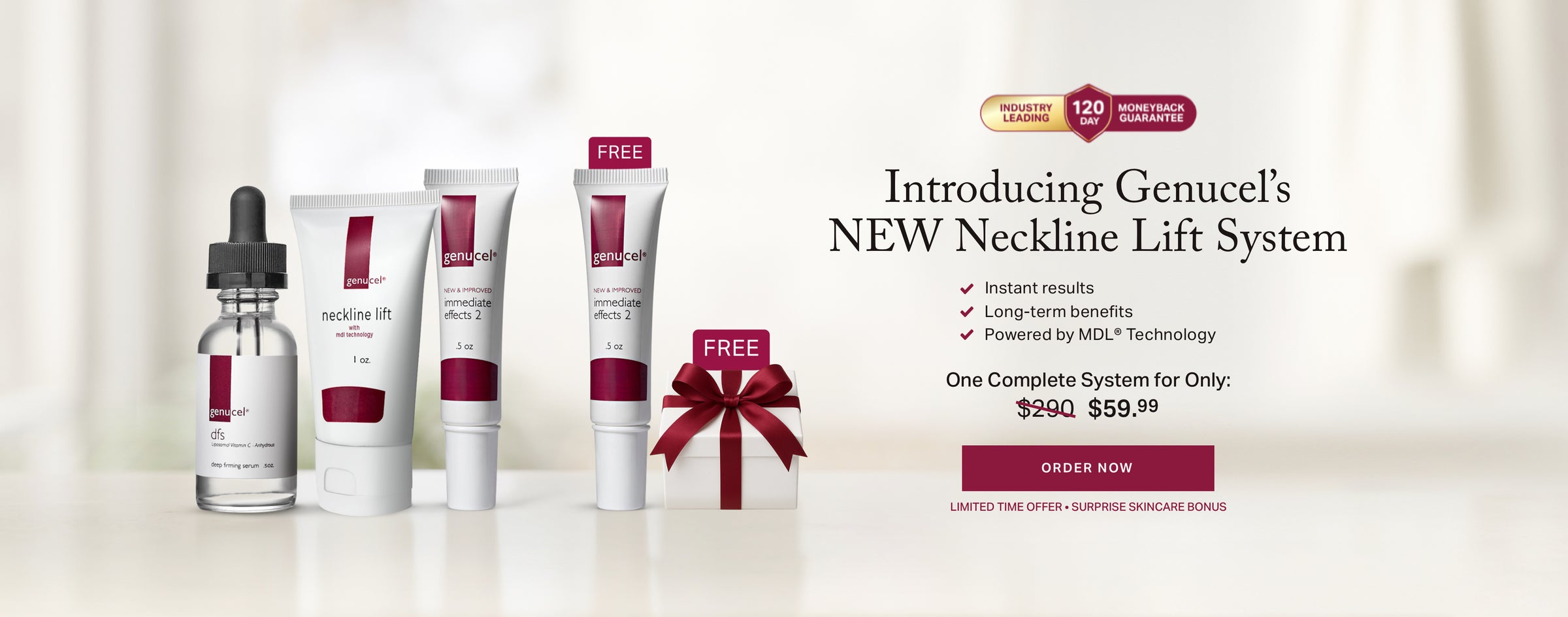 Cosmetic product set with a red bow and promotional text on a white background