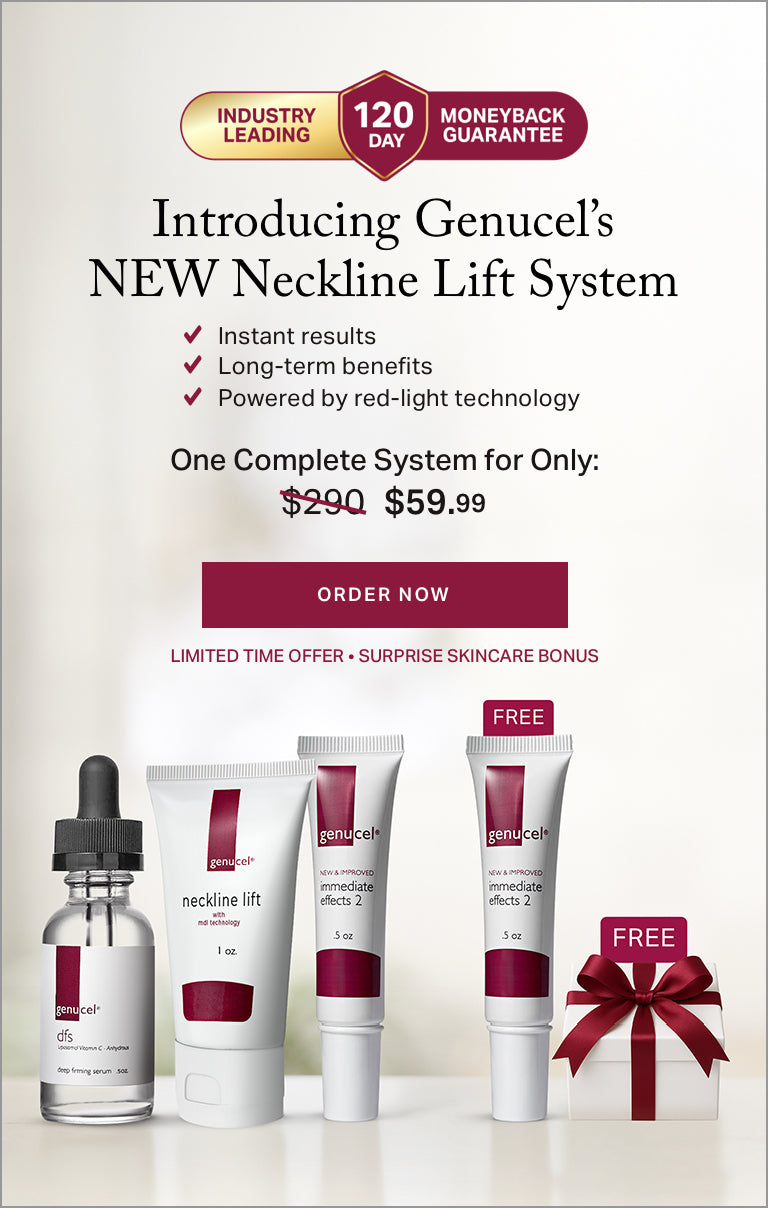 Advertisement for Genucel's NEW Neckline Lift System with product packaging and promotional text.