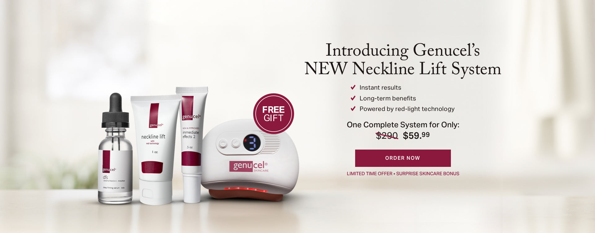 Genucel skincare products with a promotional banner on a light background