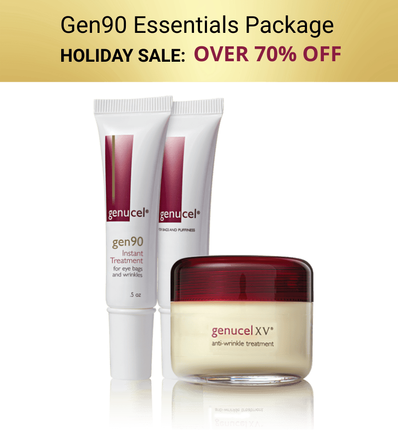 Genucel skincare products with a holiday sale banner on a green background