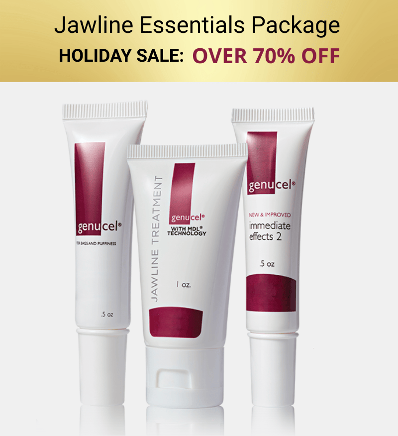 Three Genucel jawline treatment products with a promotional banner above them.