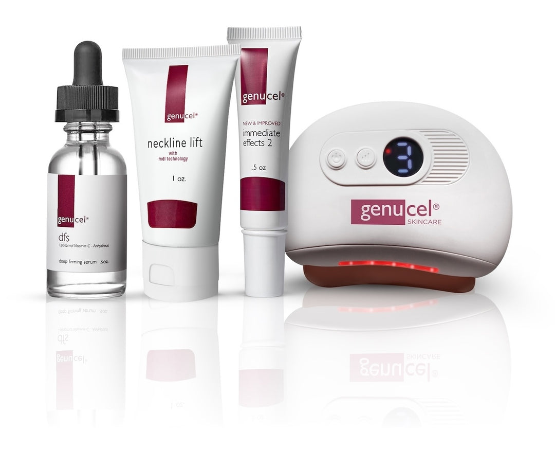 Genucel skincare products including a dropper, cream, and device on a white background