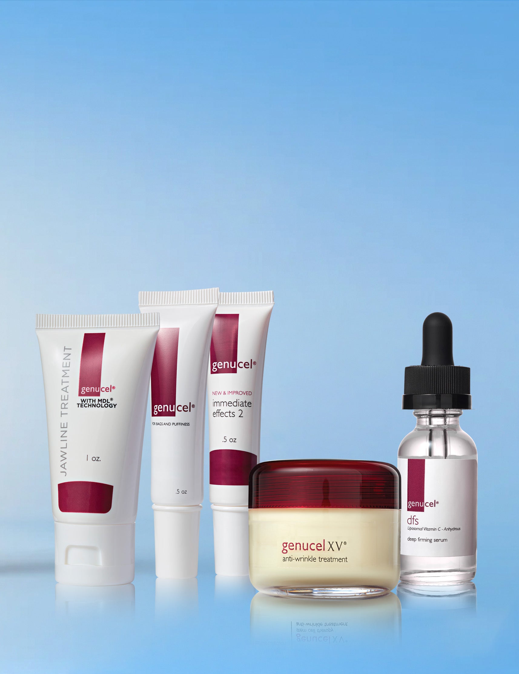 Genucel skincare products on a blue gradient background