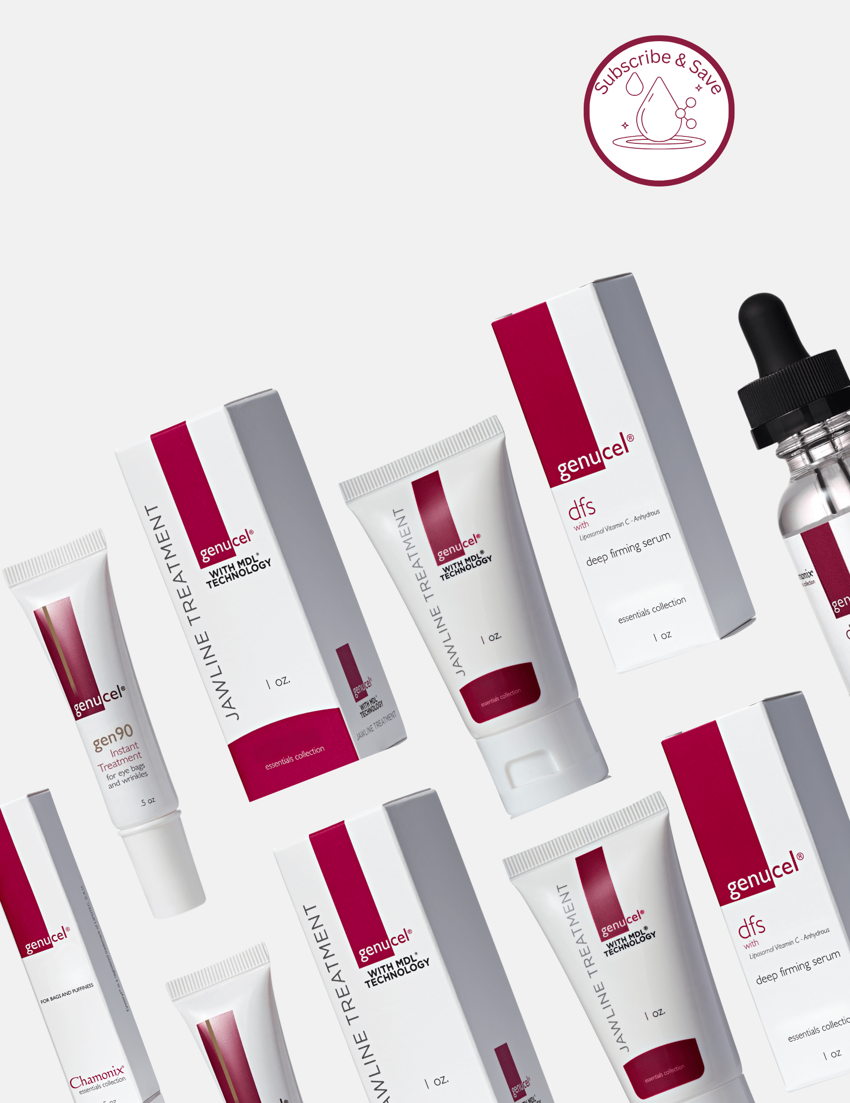 Collection of Genucel skincare products on a light gray background