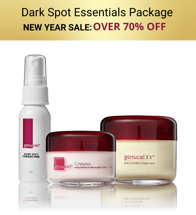 Genucel skincare products with a promotional banner for a dark spot essentials package sale.